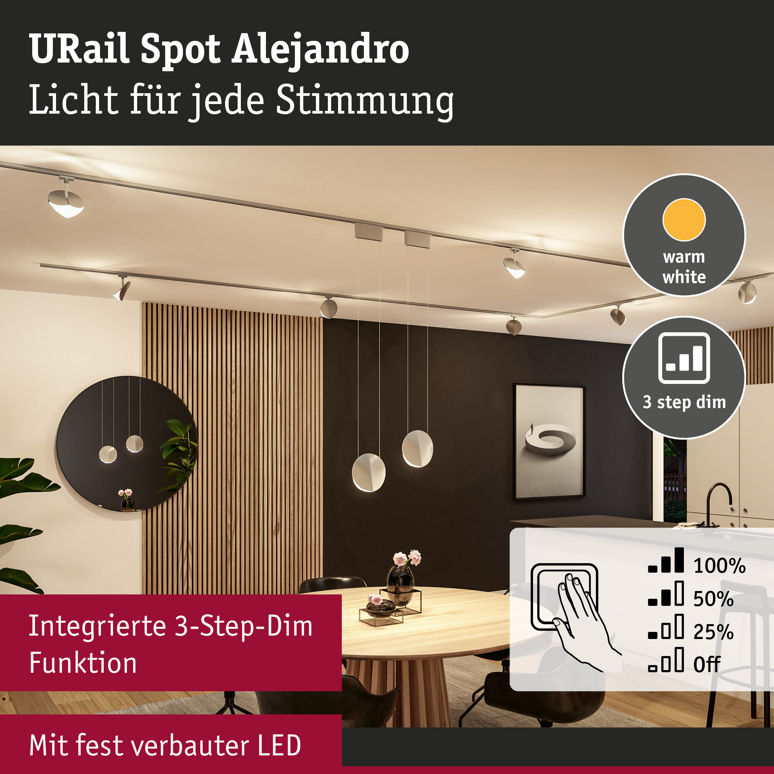 URail Spot Alejandro Deckenstrahler in Weiß mit integrierter 3-Stufen-Dimmfunktion und fest verbauter LED