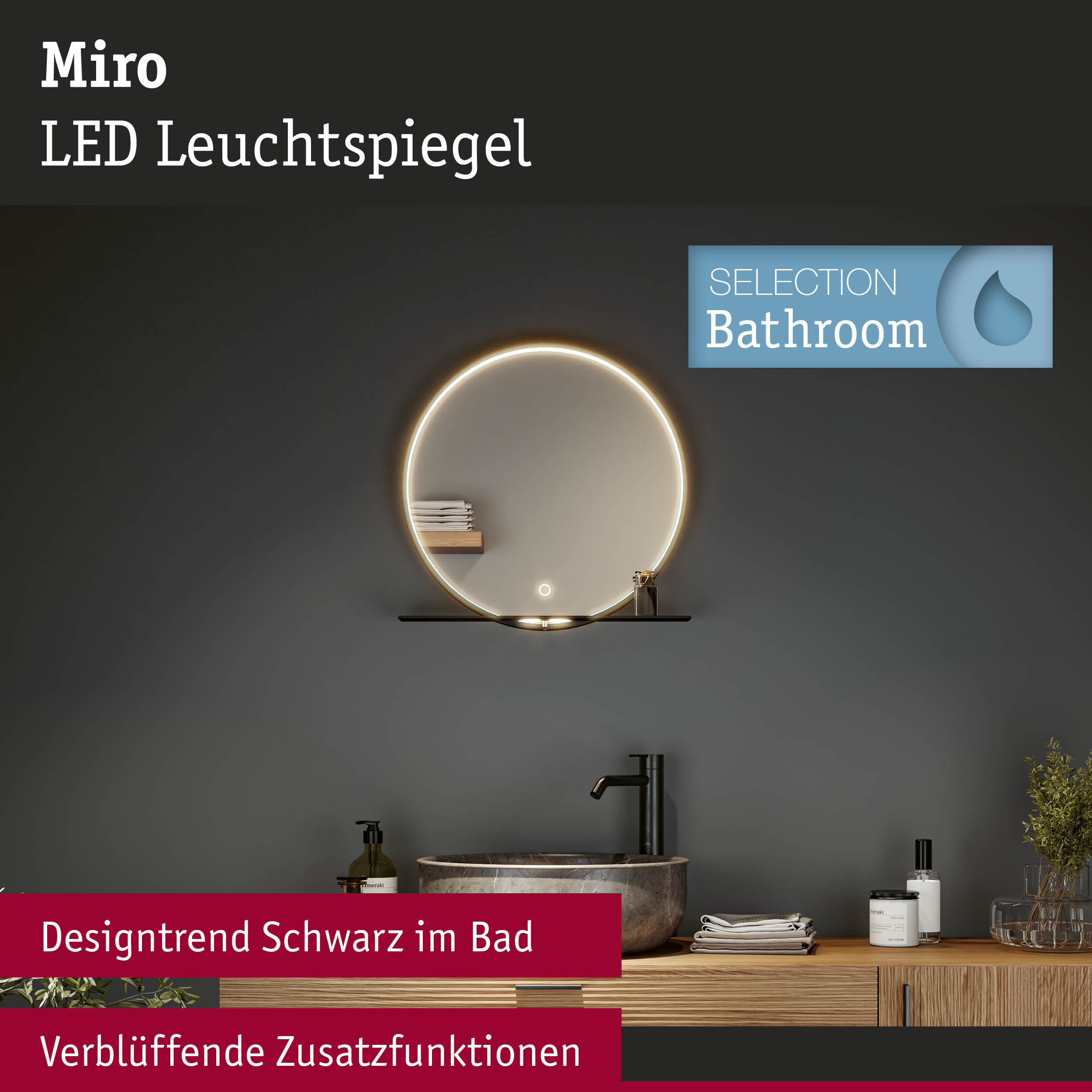 Runder Miro LED Leuchtspiegel mit warmweißem Licht und schwarzem Regal im modernen Badezimmerdesign
