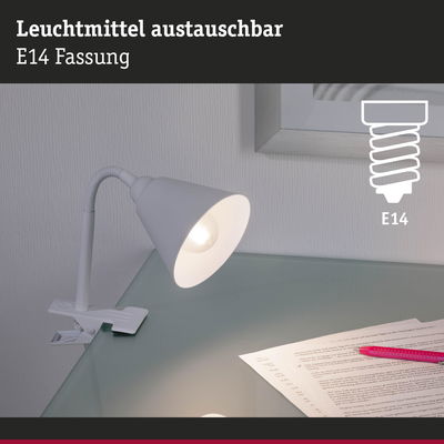 Weiße Klemmlampe aus Metall mit flexiblem Arm und E14 Fassung für Schreibtischbeleuchtung