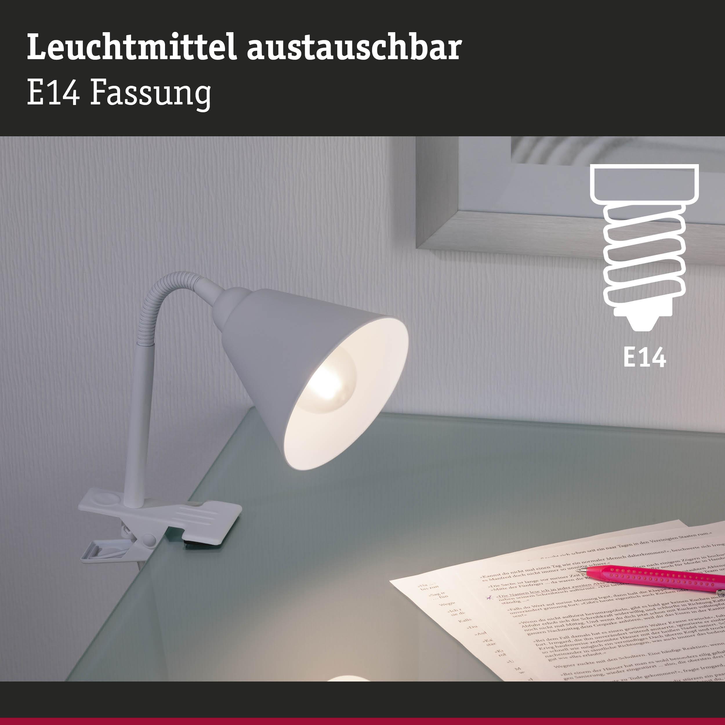 Weiße Klemmlampe aus Metall mit flexiblem Arm und E14 Fassung für Schreibtischbeleuchtung