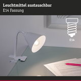 Weiße Klemmlampe aus Metall mit flexiblem Arm und E14 Fassung für Schreibtischbeleuchtung