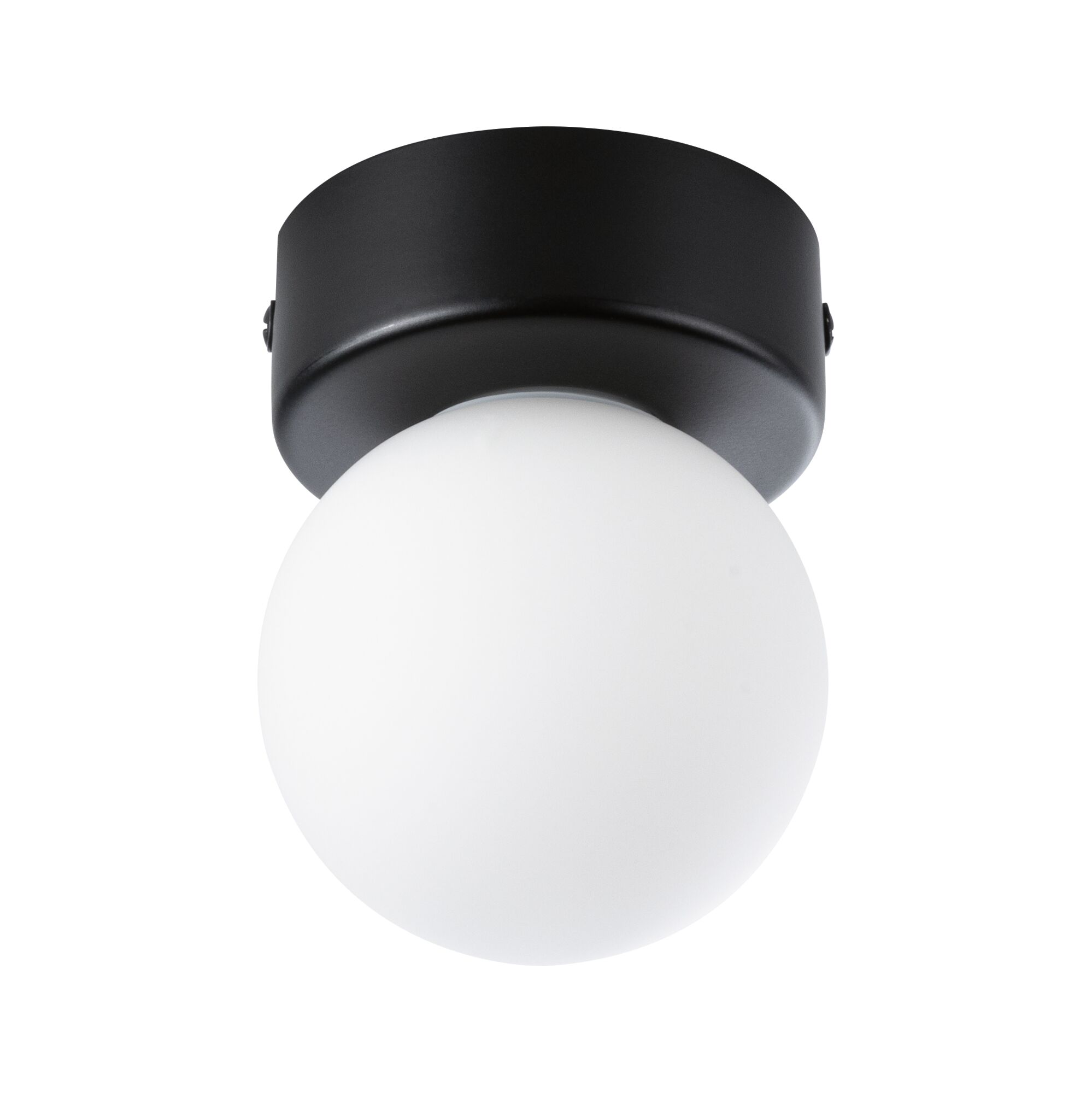 Round ceiling light with black metal base and white glass diffuser for modern home lighting