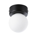 Round ceiling light with black metal base and white glass diffuser for modern home lighting