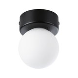 Round ceiling light with black metal base and white glass diffuser for modern home lighting