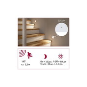 White LED stair light sensor with 180° detection and 1.5 m range for energy-saving lighting.