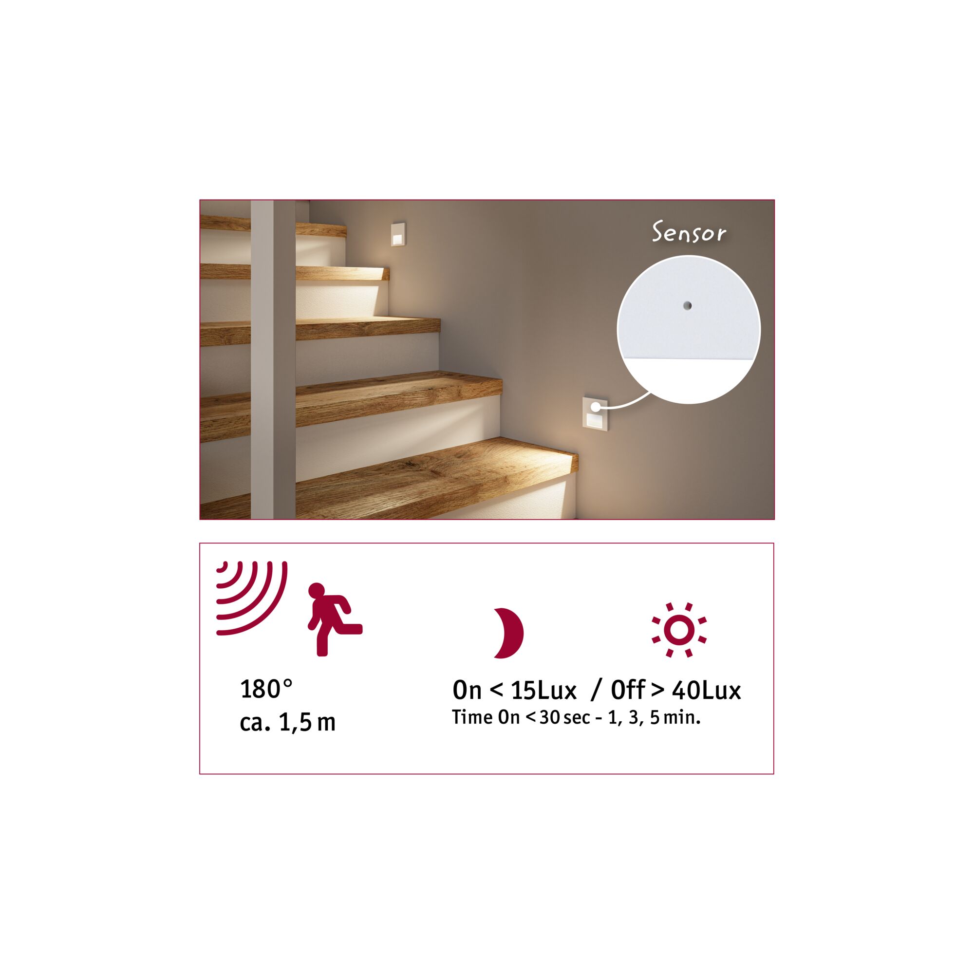 White LED stair light sensor with 180° detection and 1.5 m range for energy-saving lighting.