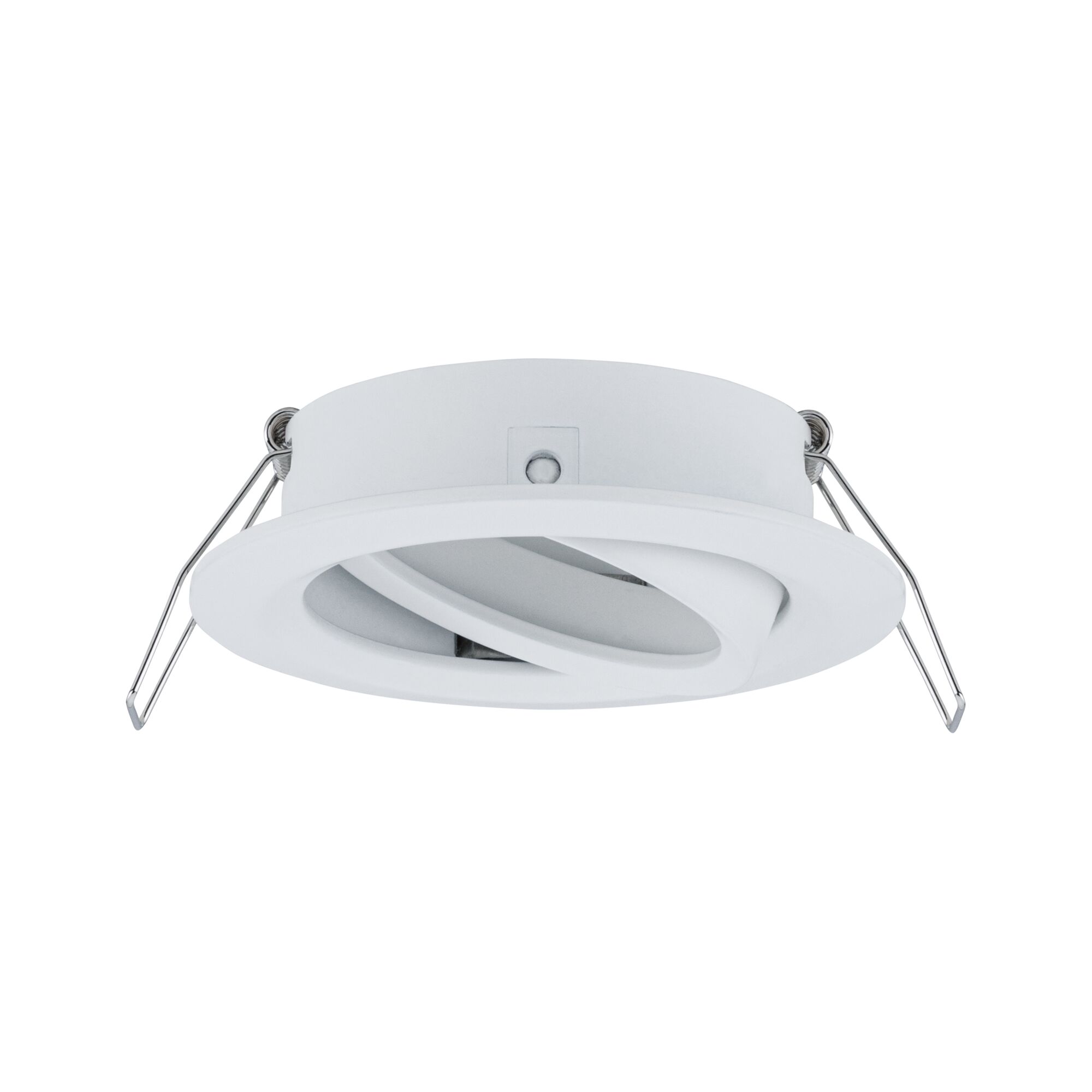 White plastic recessed spotlight with adjustable light output and metal springs for ceiling installation