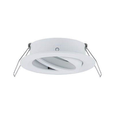 White plastic recessed spotlight with adjustable light output and metal springs for ceiling installation