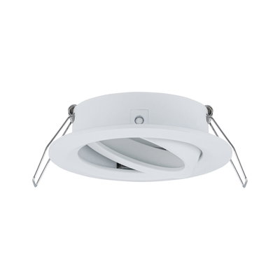 White plastic recessed spotlight with adjustable light output and metal springs for ceiling installation