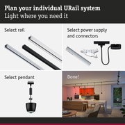 Modular URail track system with black and white aluminium rails for flexible LED lighting solutions.