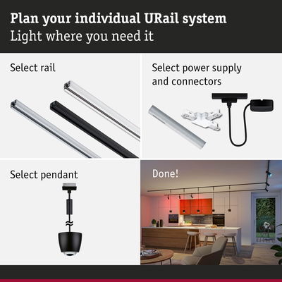 Step-by-step guide to plan a URail lighting system with rails, power supply, and black pendant light