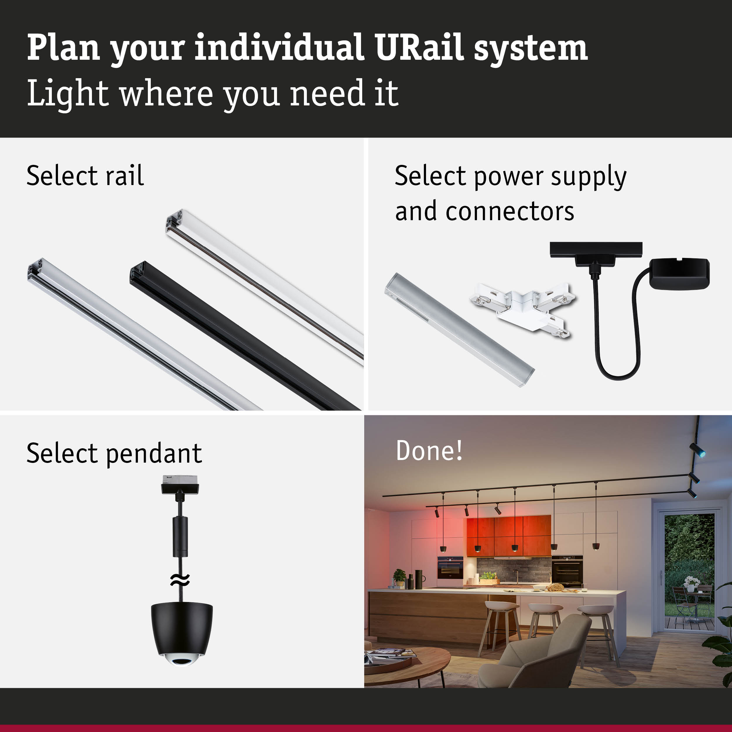 Modular URail track system with black and white aluminium rails for flexible LED lighting solutions.