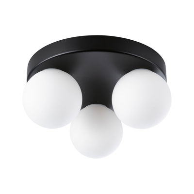 Ceiling light with three white glass globes and black metal base for modern home lighting