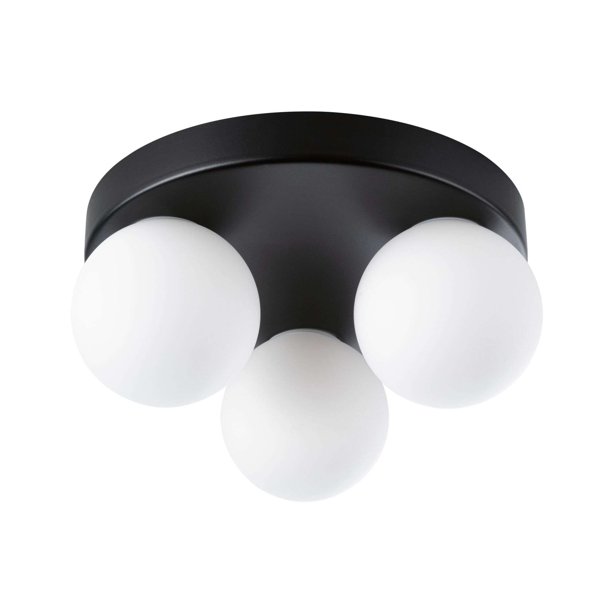 Plafondlamp met drie witte glazen bollen en zwarte metalen voet voor moderne verlichting