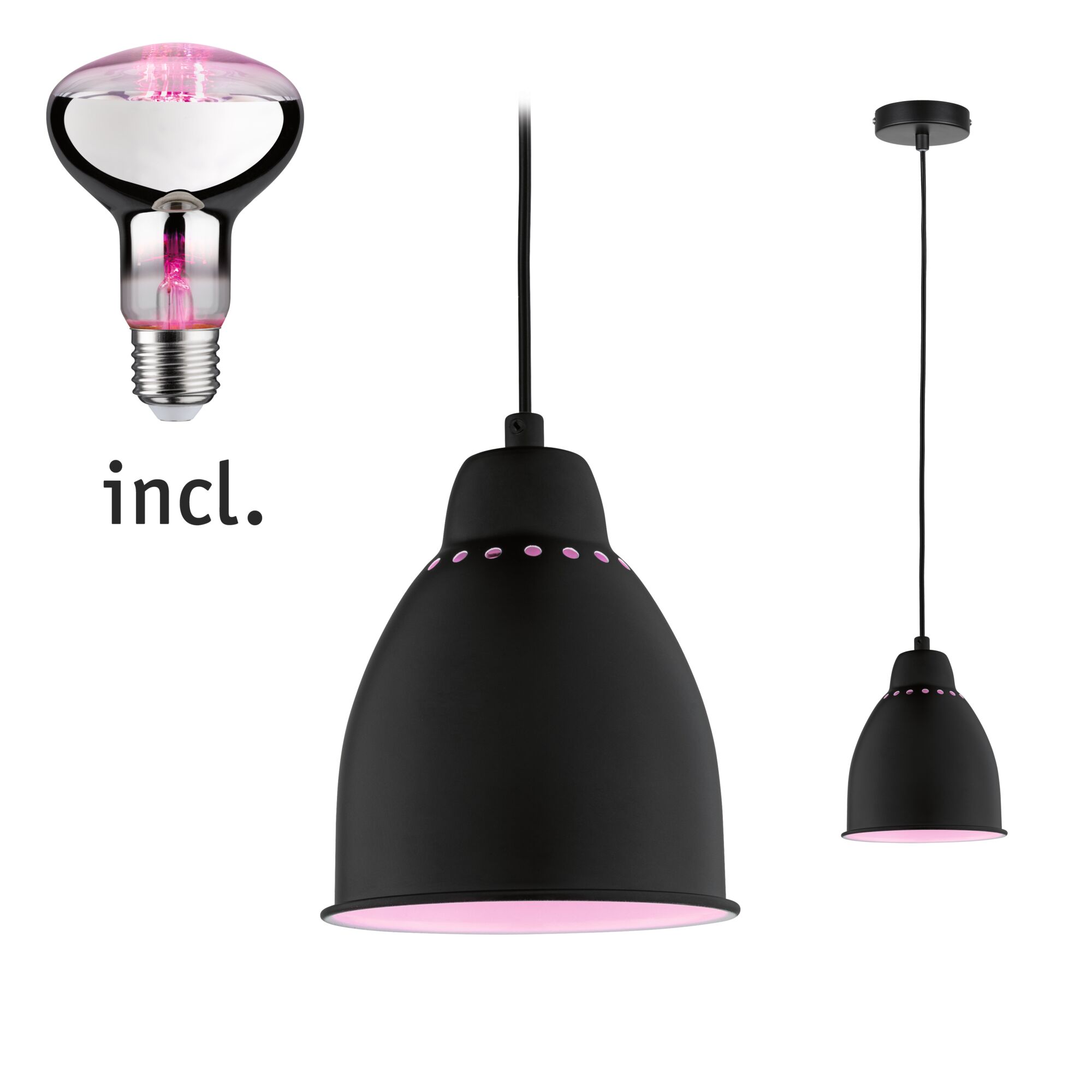 Schwarze Metall-Pendelleuchte mit rosa LED-Licht und passender Glühbirne inklusive, moderne Wohnraumbeleuchtung.