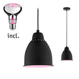 Black metal pendant lamp with pink LED light and included bulb, modern lighting for living spaces.