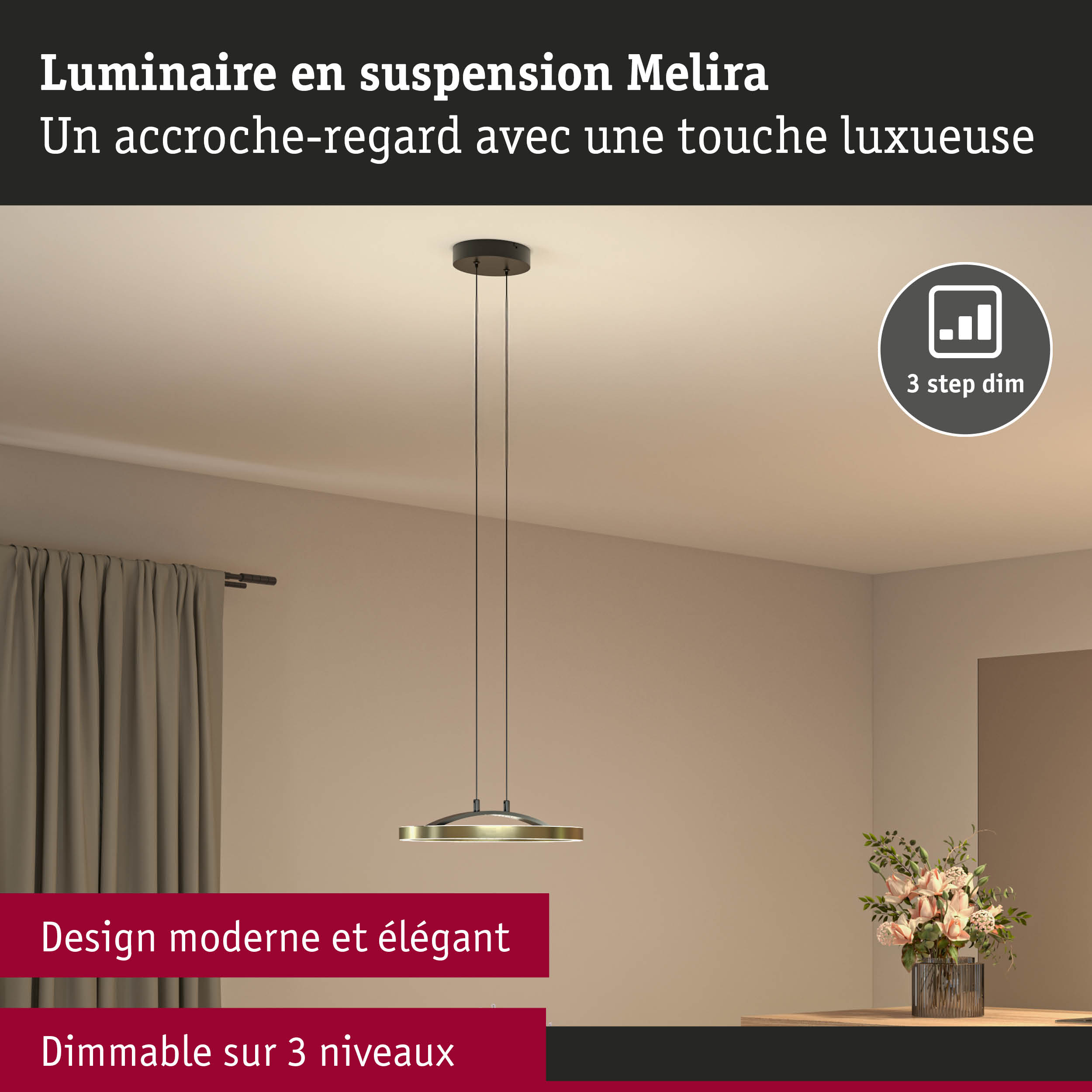 Luminaire suspendu Melira en métal doré avec éclairage LED dimmable sur 3 niveaux, design moderne