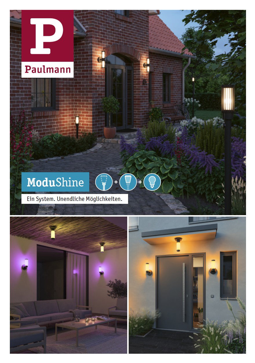 ModuShine Außenleuchten-System mit warmweißem Licht an Hausfassade und Terrasse für flexible Gartenbeleuchtung
