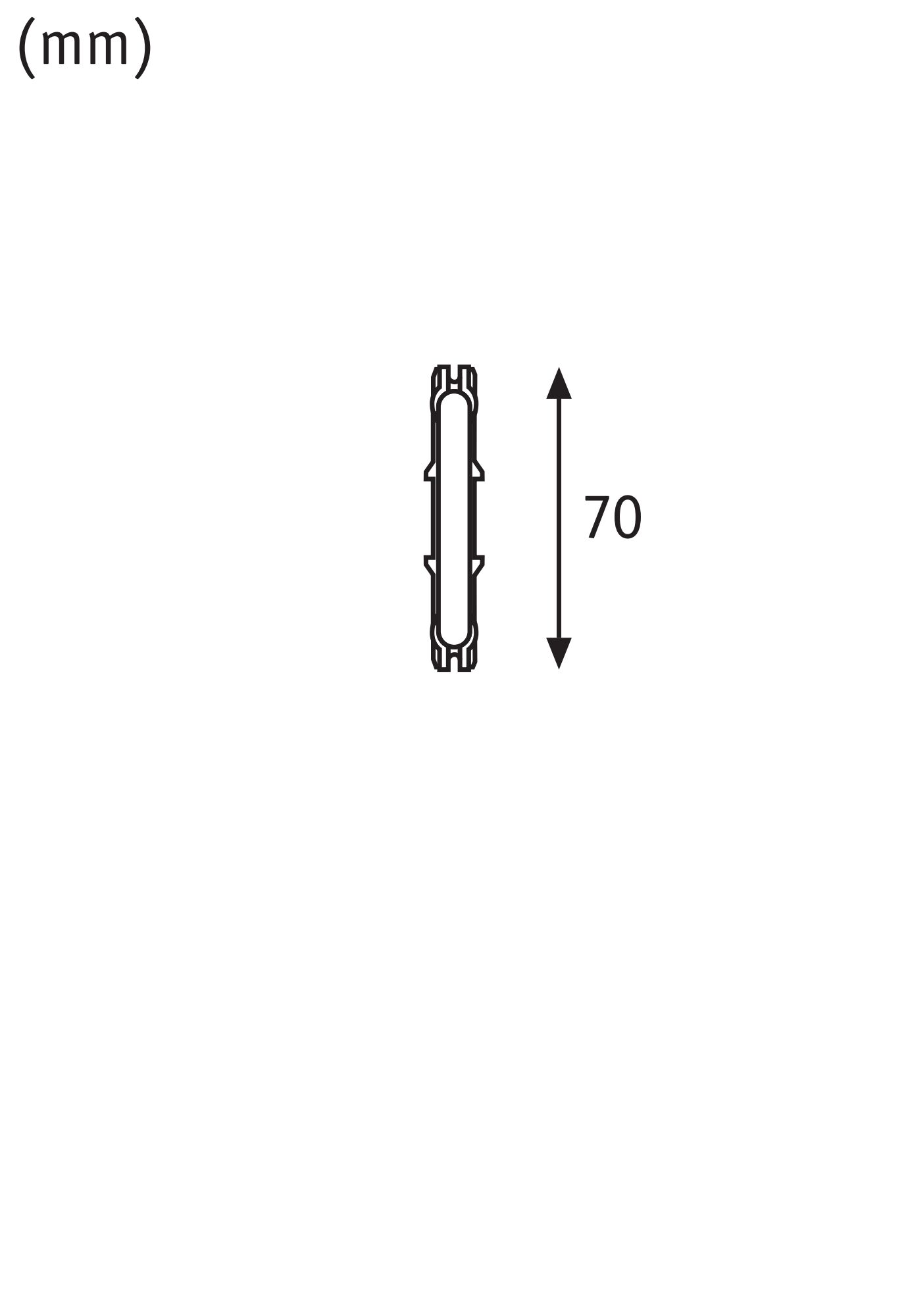 Technische tekening van een smal onderdeel met een lengte van 70 mm