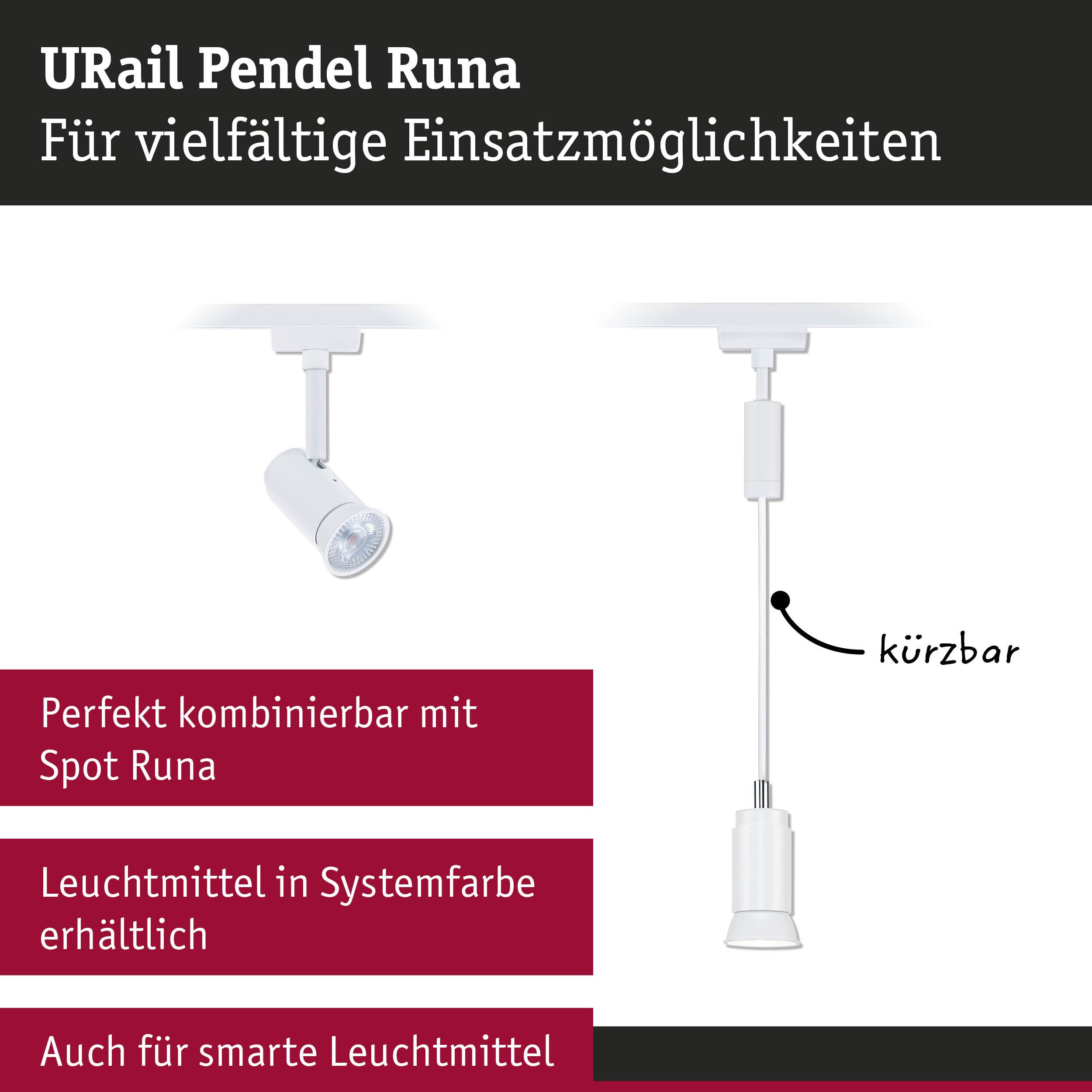Weißer URail Pendel Runa Leuchtenaufsatz mit kürzbarem Kabel für flexible Beleuchtungslösungen
