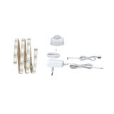 White LED strip light with motion sensor, power adapter and cables for versatile lighting solutions