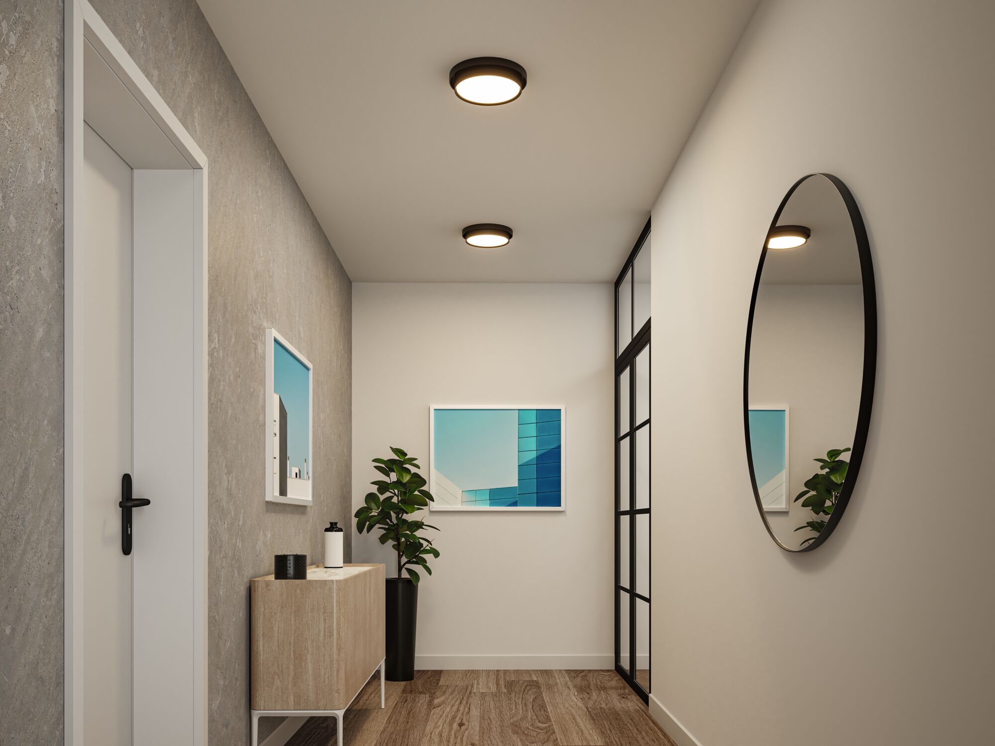 Couloir moderne avec deux plafonniers ronds noirs à lumière blanche chaude, miroir et meuble en bois