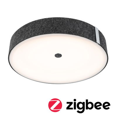Round ceiling light with grey felt edge and white diffuser, modern LED lamp with Zigbee control