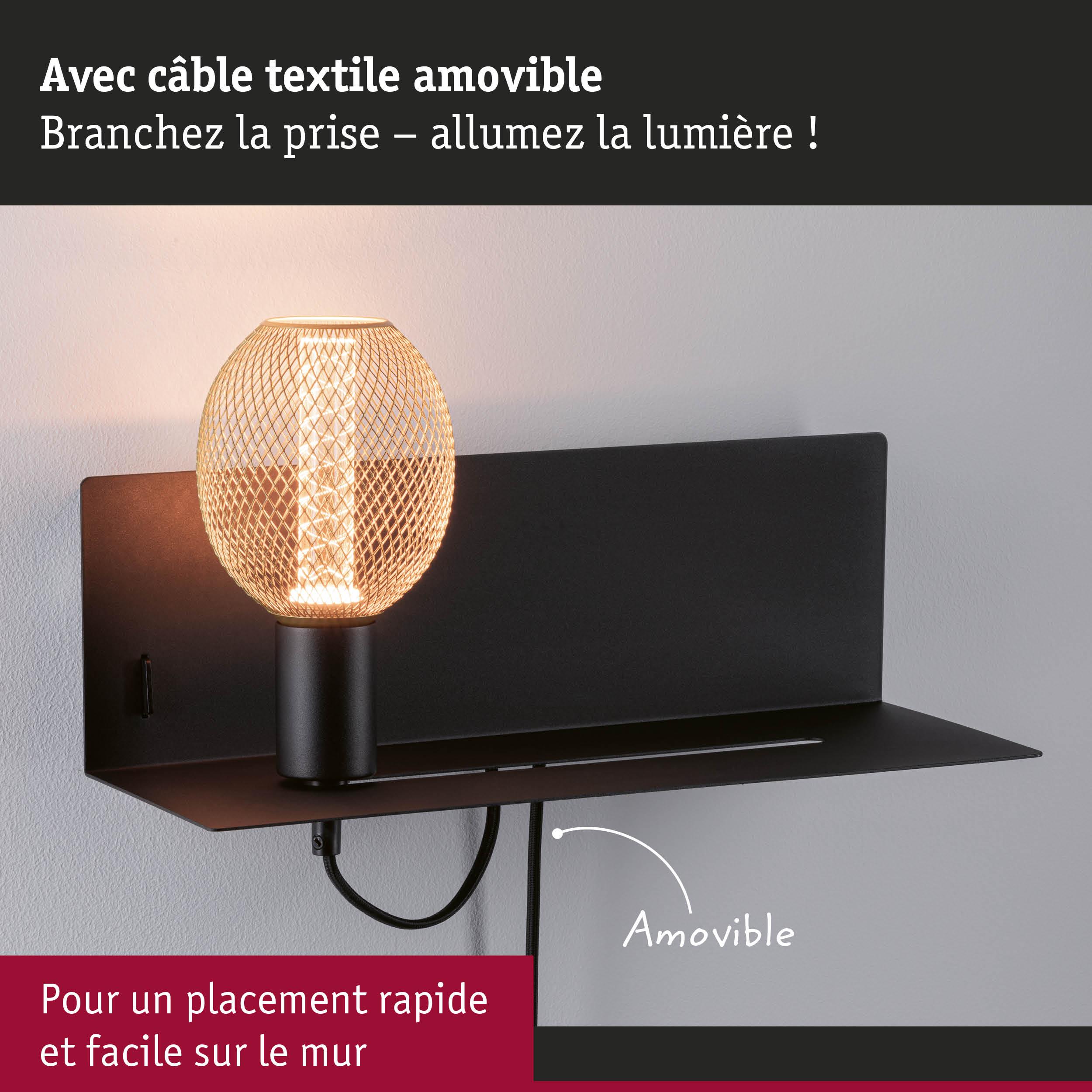 Applique murale noire avec câble textile amovible et ampoule LED blanc chaud pour une fixation rapide