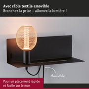 Applique murale noire avec câble textile amovible et lumière LED chaude pour un montage facile