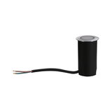 Small recessed light housing in black plastic with silver metal trim and cable connection