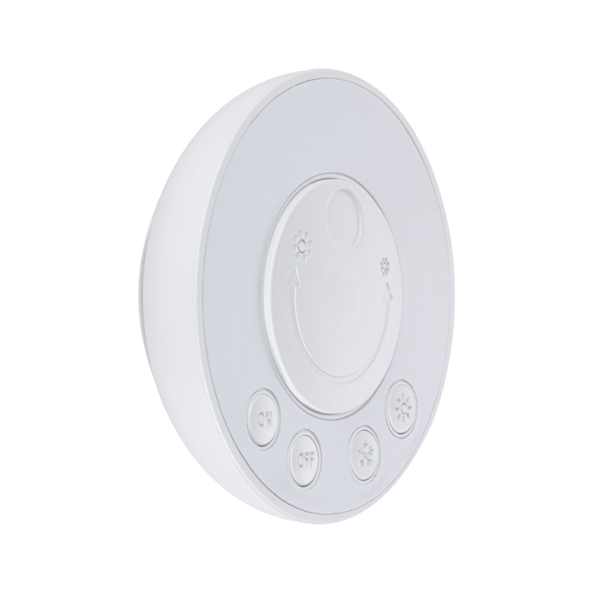 Round white plastic control panel with symbol buttons for light control and dimmer function