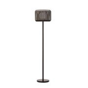 Standing table lamp with grey fabric shade and black metal base for modern interiors