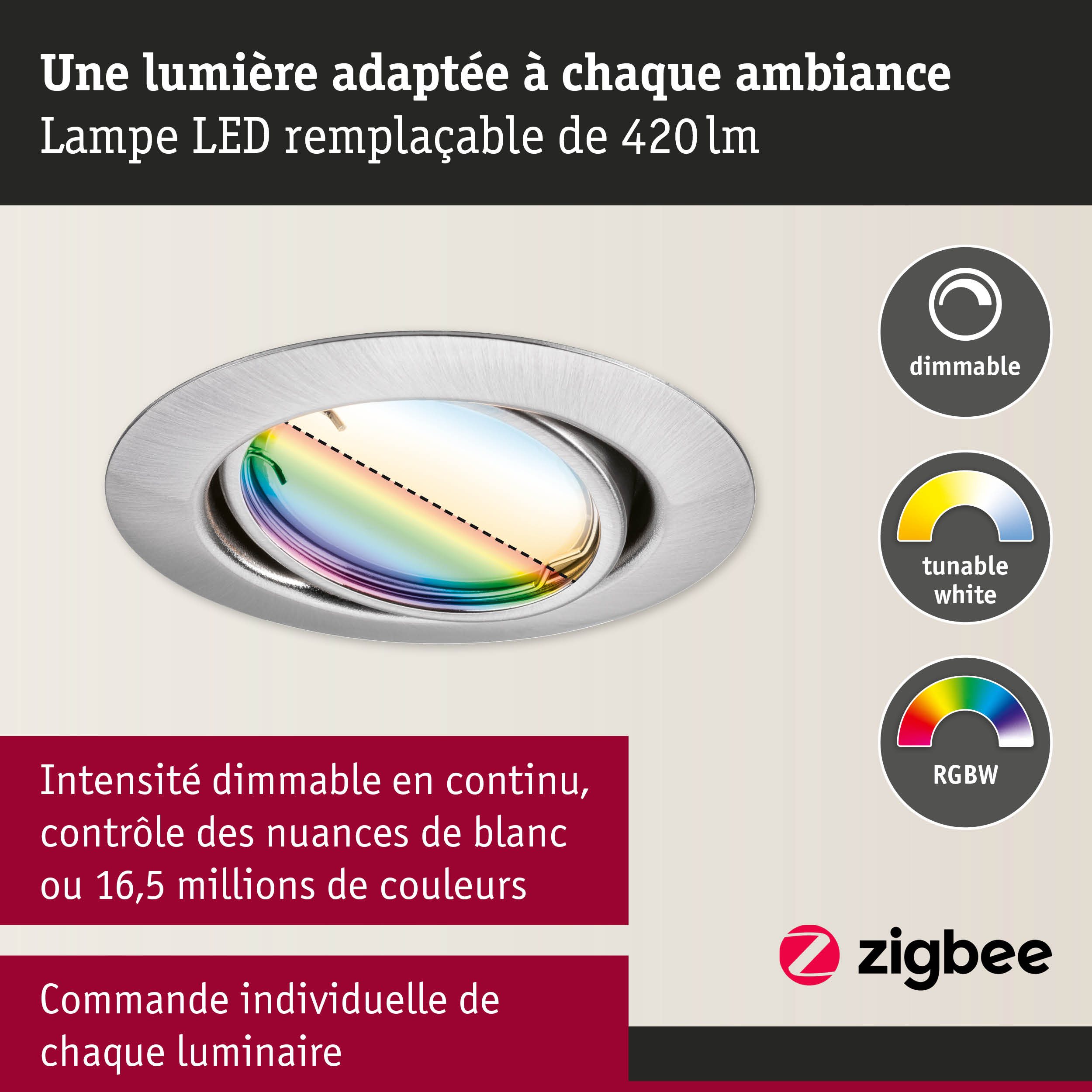 Spot LED encastré en aluminium brossé avec intensité dimmable et réglage couleur RGBW pour éclairage intelligent