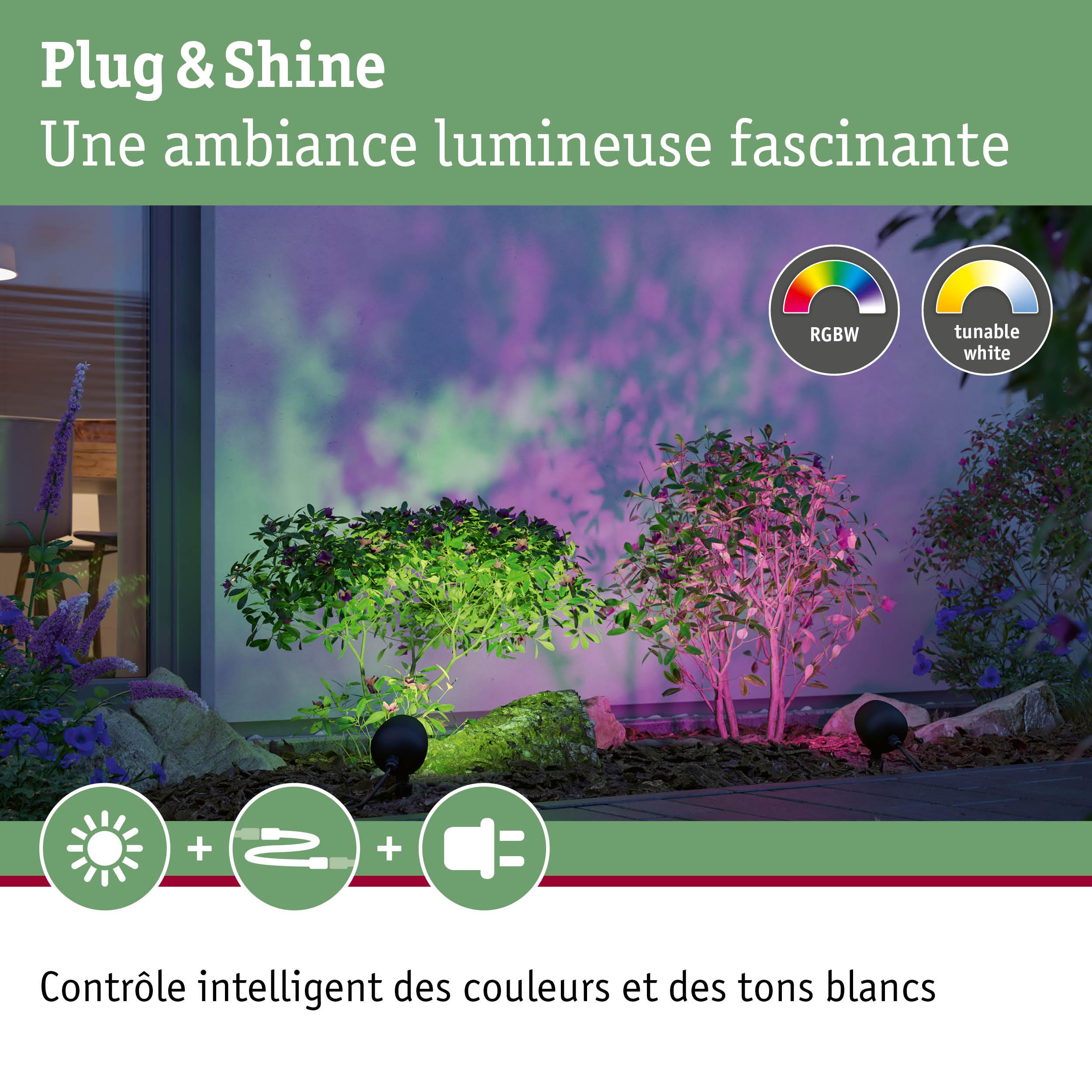 Projecteurs LED RGBW noirs pour extérieur avec effets colorés et lumière blanche réglable pour jardin