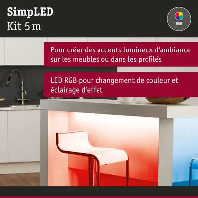 Kit LED RGB 5 m pour accents lumineux sur meubles et éclairage d’ambiance à changement de couleur