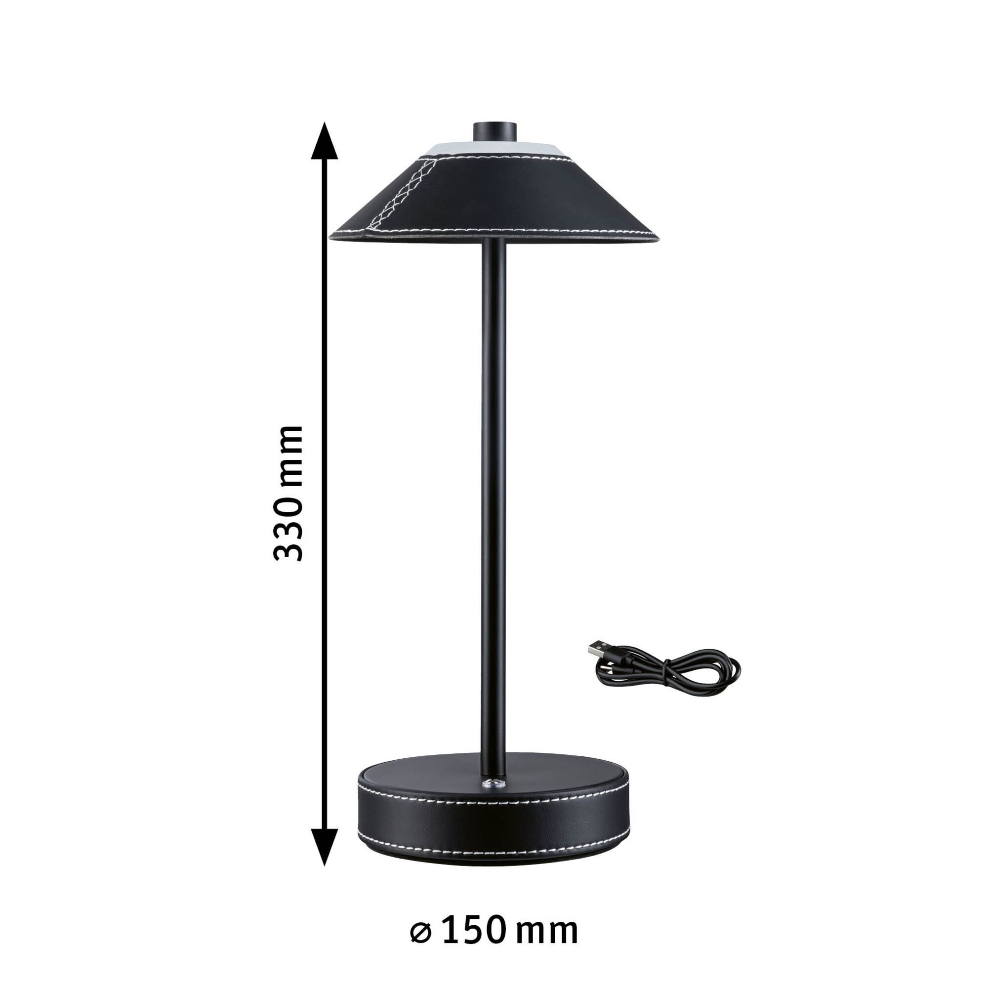 Black leather table lamp with white stitching, 330 mm height, 150 mm diameter, includes USB cable