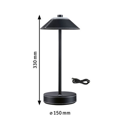 Black leather table lamp with white stitching, 330 mm height, 150 mm diameter, includes USB cable