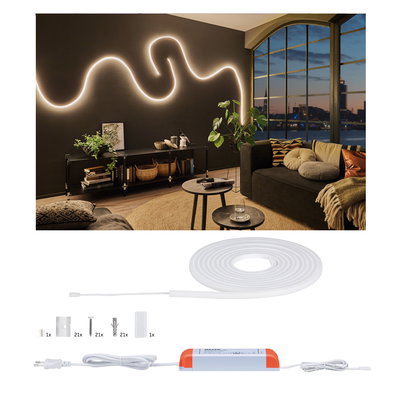 Flexible white LED neon light with mounting accessories, modern ambient lighting for living spaces