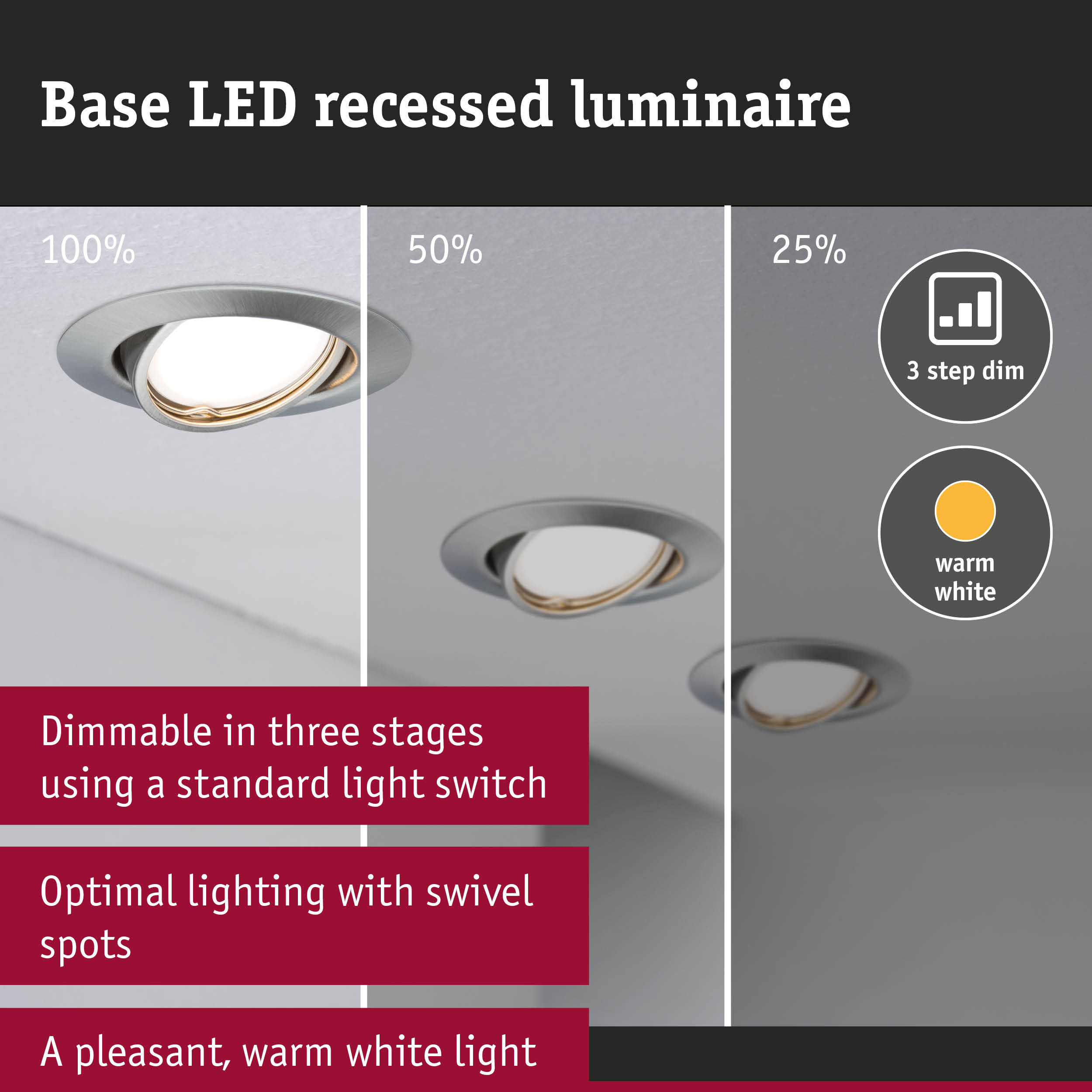 Base LED recessed metal spotlight in silver with dimmable warm white light and adjustable swivel spots