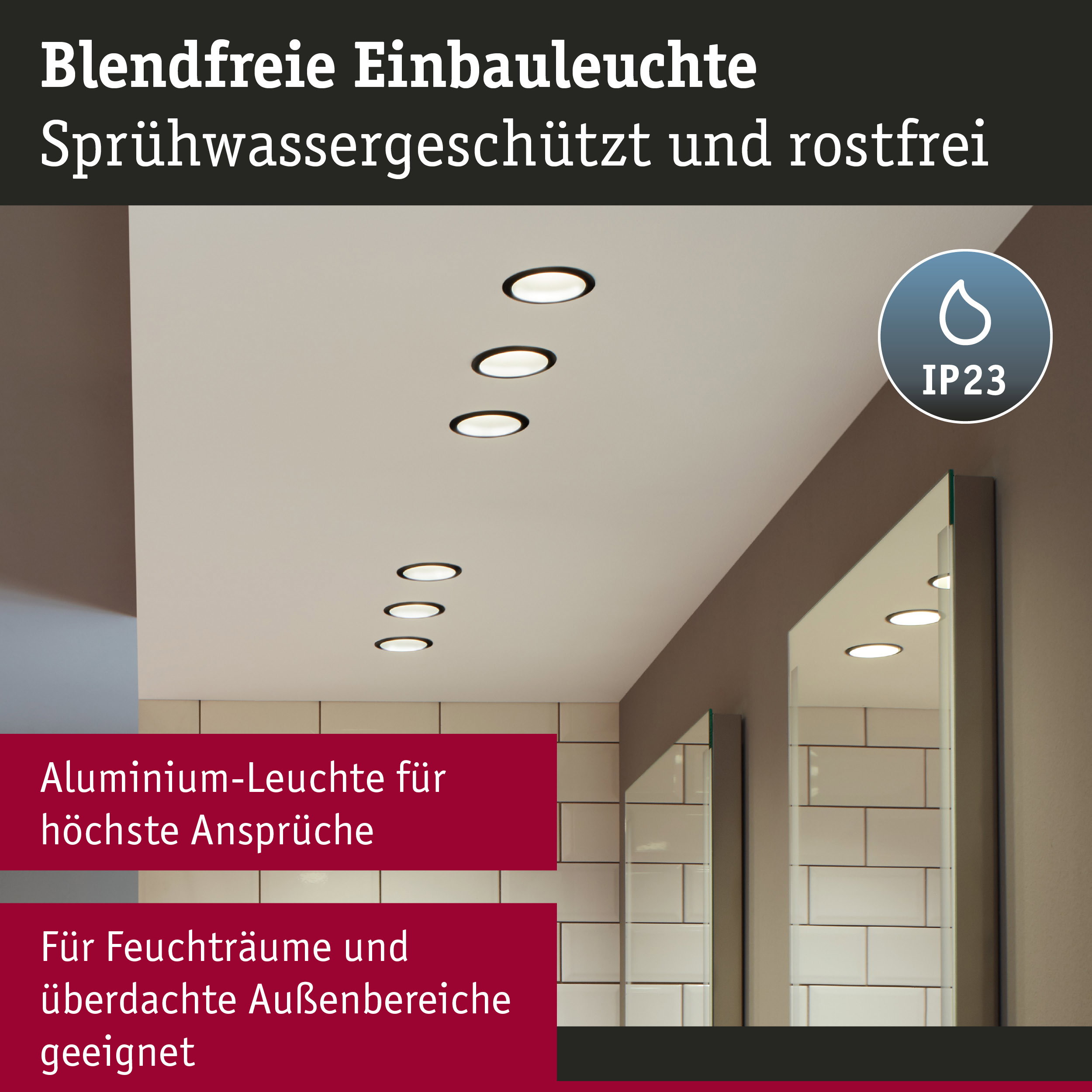 Blendfreie Aluminium-Einbauleuchte in Schwarz für Feuchträume mit IP23 Schutz und modernem Design