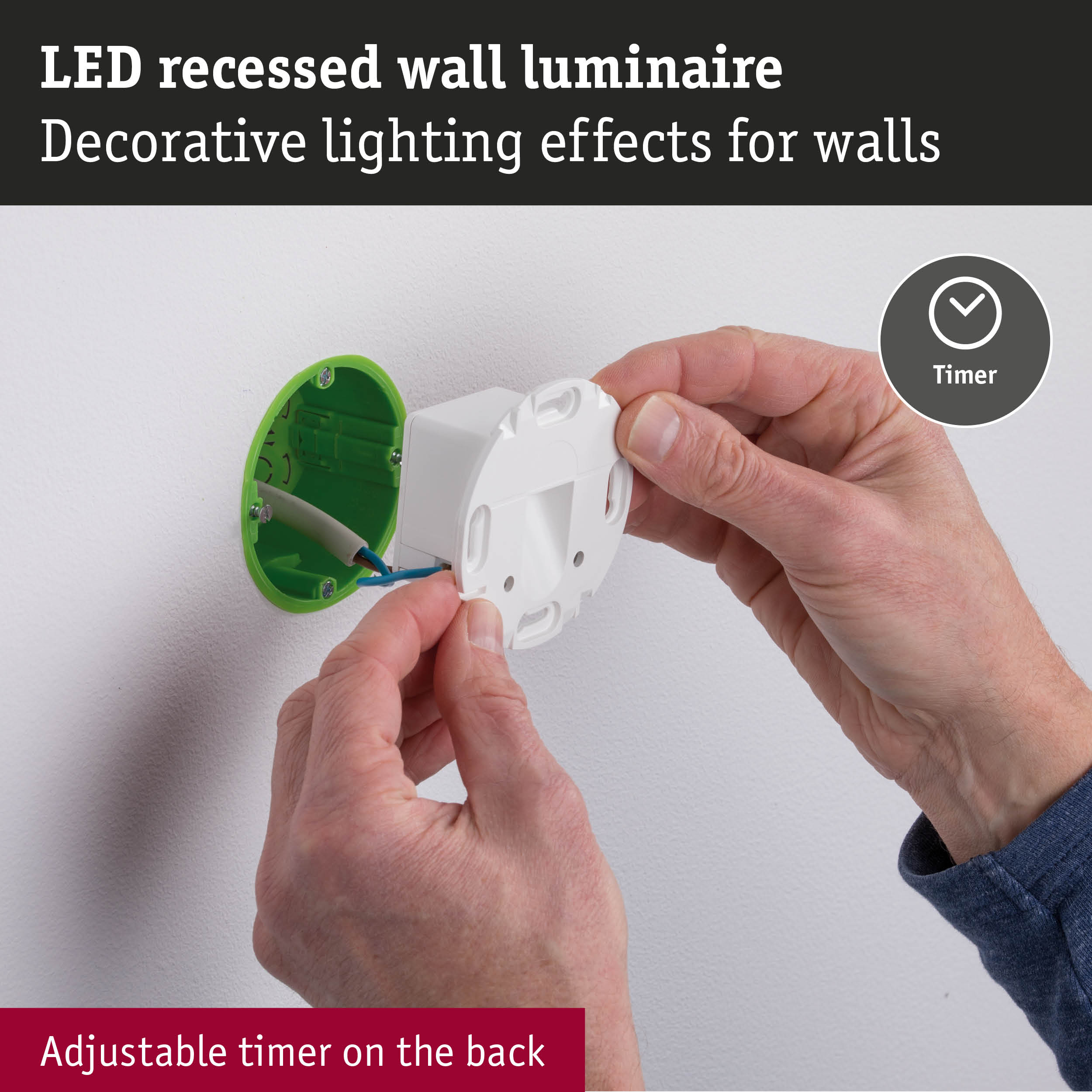 LED recessed wall luminaire with white plastic housing and green mounting box, adjustable timer on back