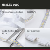 MaxLED 1000 LED strip with 144 LEDs per meter, adhesive backing, cuttable every 4.2 cm, easy to connect