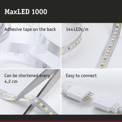 MaxLED 1000 LED strip with 144 LEDs per meter, adhesive backing, cuttable every 4.2 cm, easy to connect