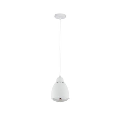 White metal pendant lamp with round shape and ventilation holes, modern indoor lighting