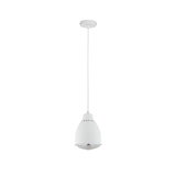 White metal pendant lamp with round shape and ventilation holes, modern indoor lighting