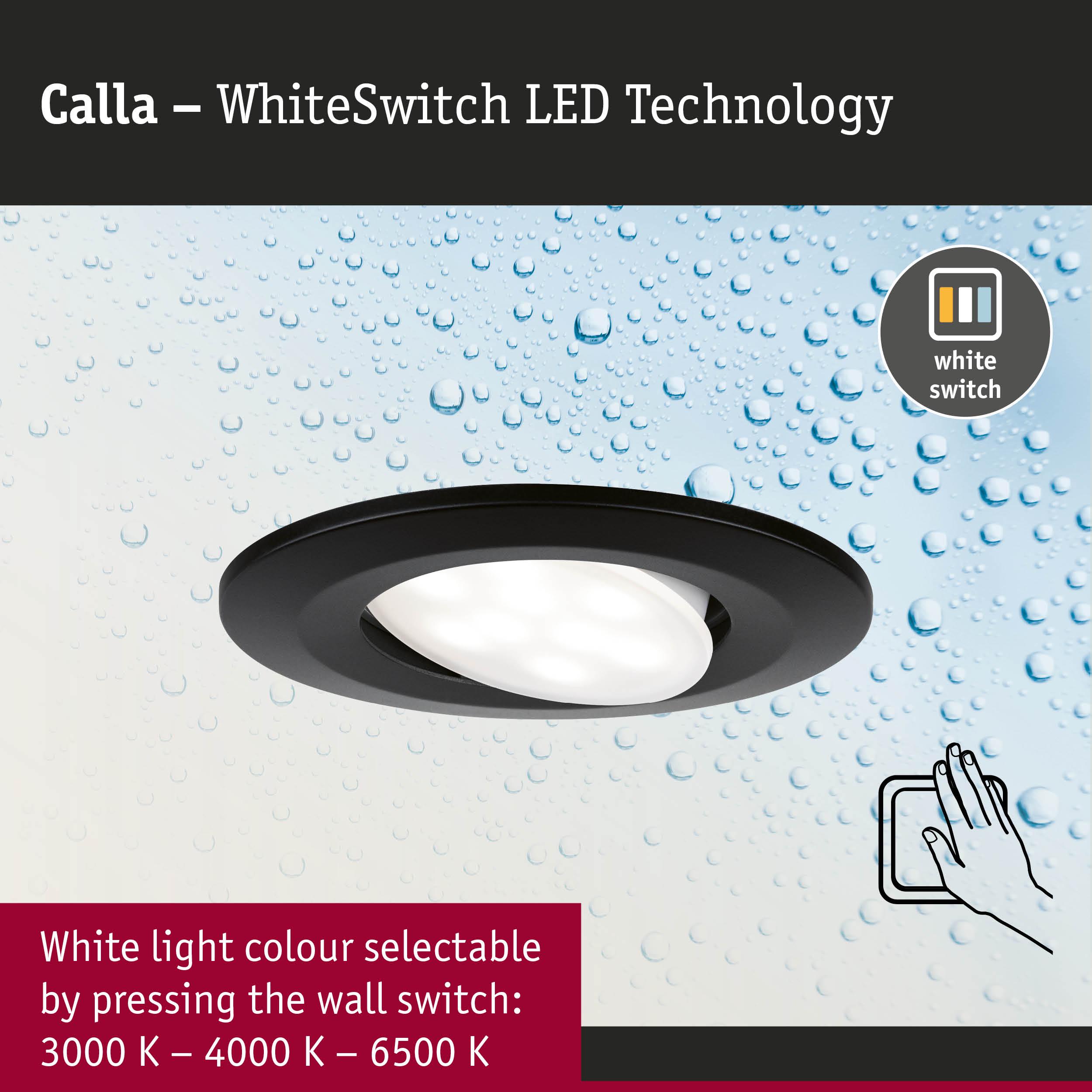 Black Calla LED recessed light with WhiteSwitch technology for selectable white light colour 3000K to 6500K