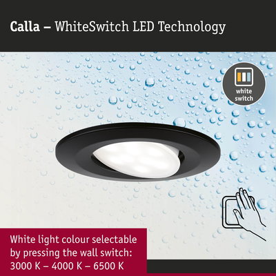 Black Calla LED recessed light with WhiteSwitch technology for selectable white light colour 3000K to 6500K
