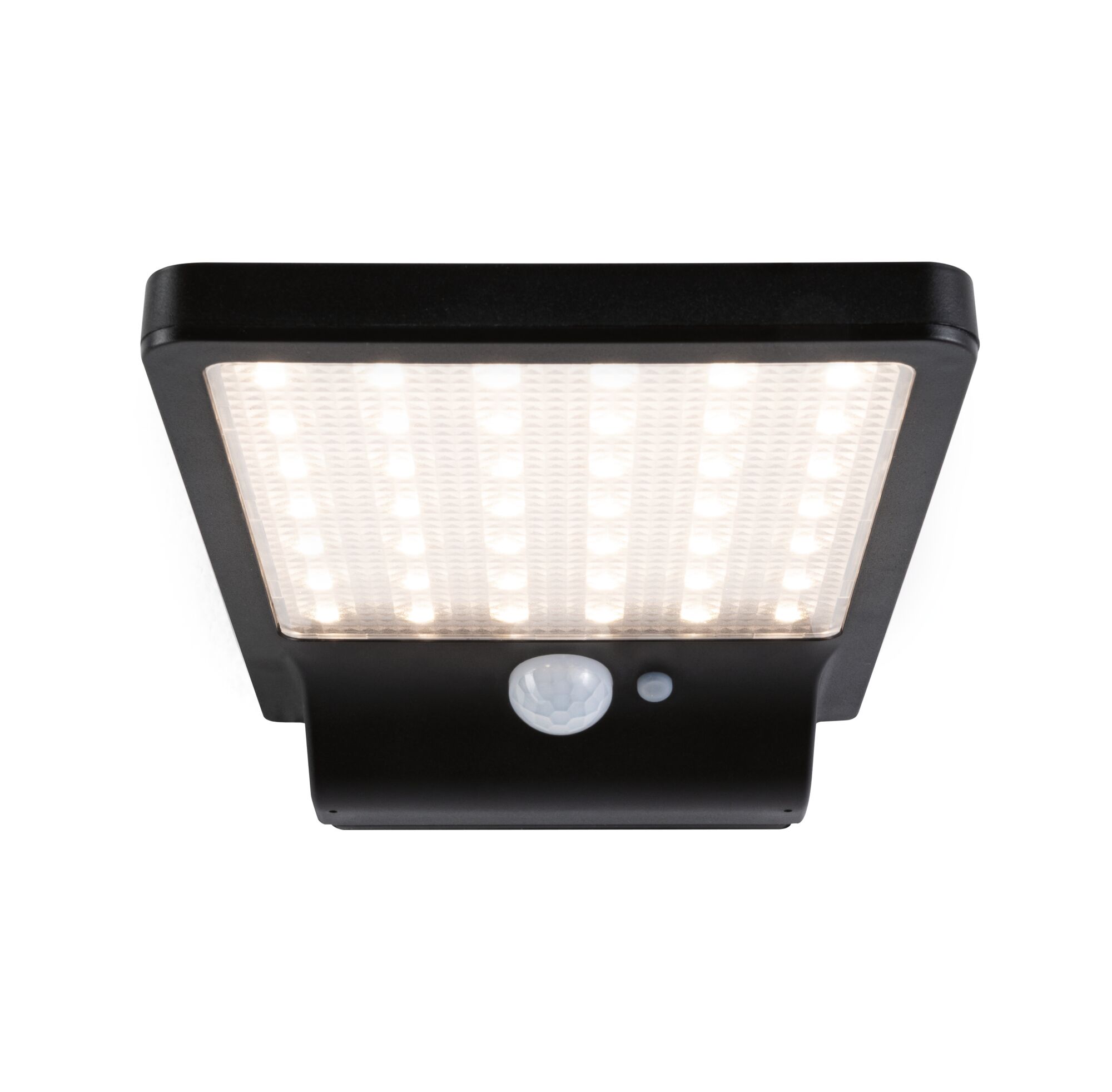Black LED outdoor wall light with motion sensor providing bright illumination for home safety