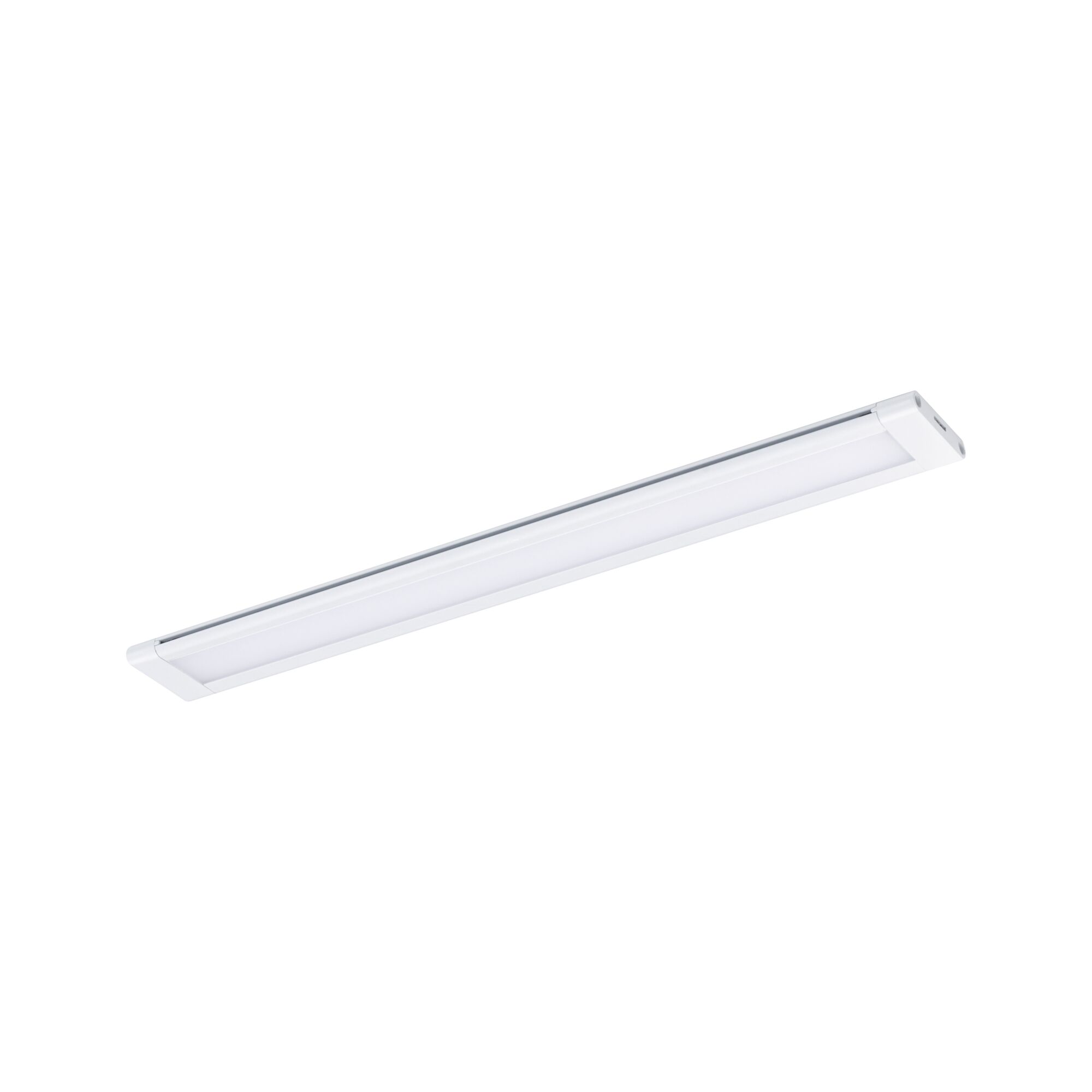 Schlanke weiße LED-Unterbauleuchte aus Kunststoff für moderne Küchenbeleuchtung.