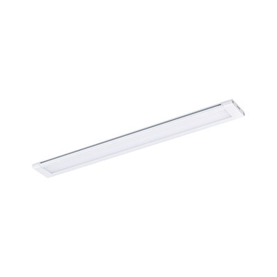 Slim white LED under-cabinet light made of plastic for modern kitchen lighting.
